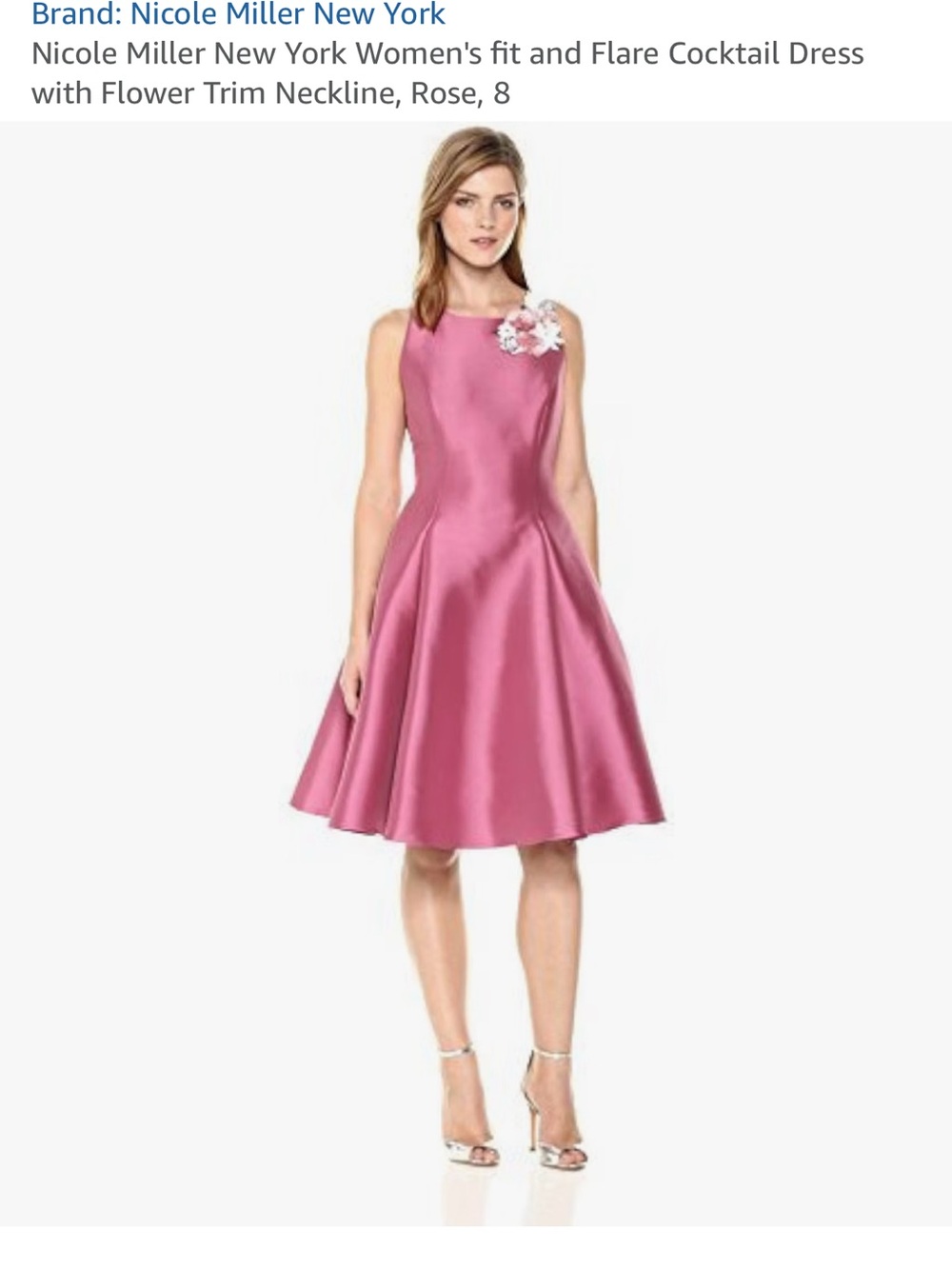 Nicole Miller Rose Pink Fit-and-Flare Cocktail Dress with Flower Trim